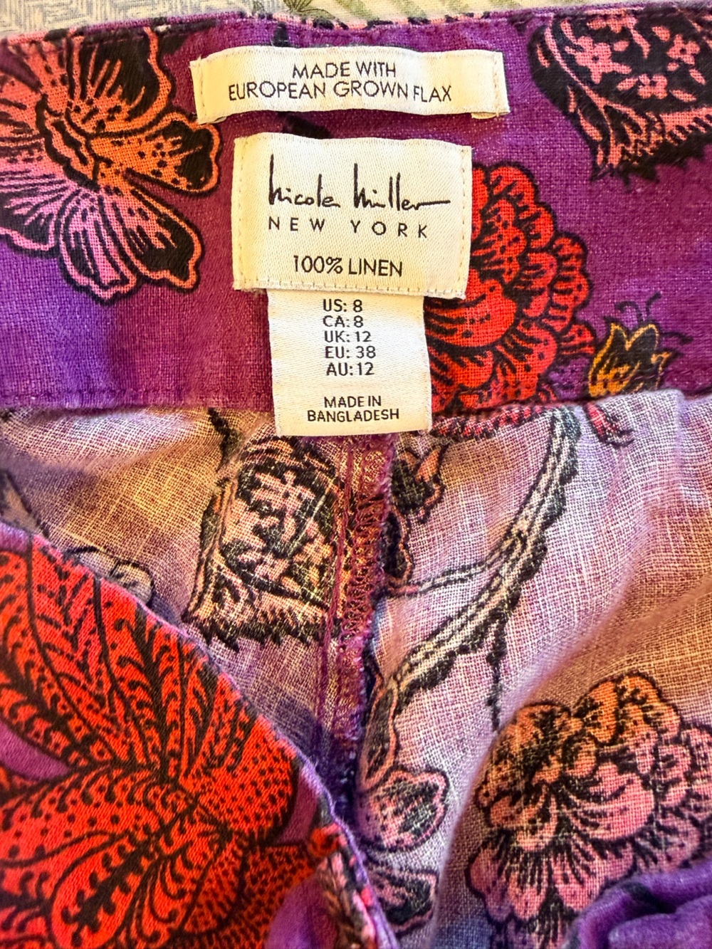 Nicole Miller Linen European Flax Purple Floral High-Waist Pocket Shorts Size 8 - Picture 2 of 6
